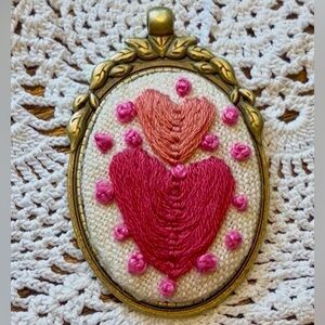 Embroidered Double-Heart Pendant - Pink & Coral